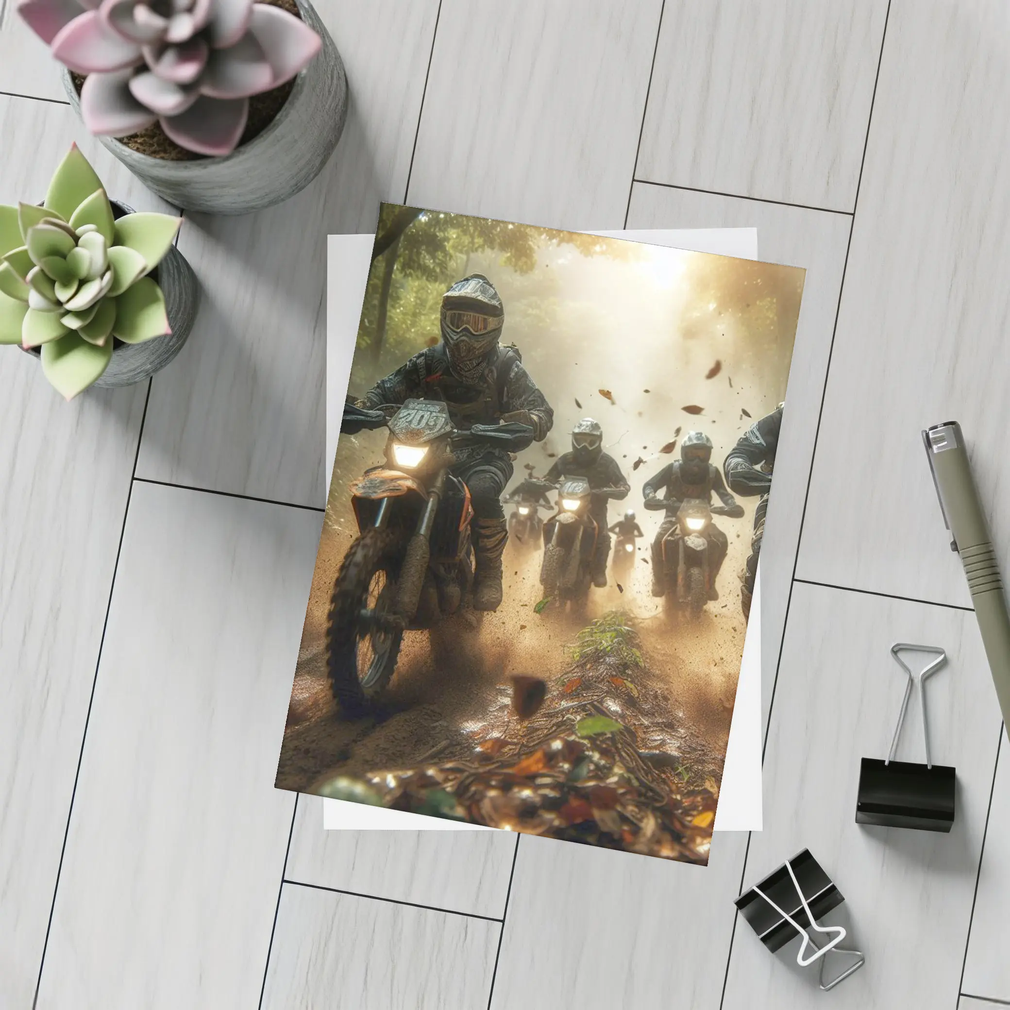 Motocross Riders Racing Through Dusty Forest Trail – Postcards