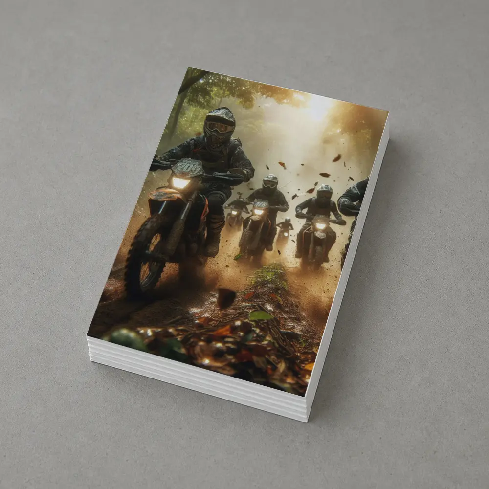 Motocross Riders Racing Through Dusty Forest Trail – Postcards
