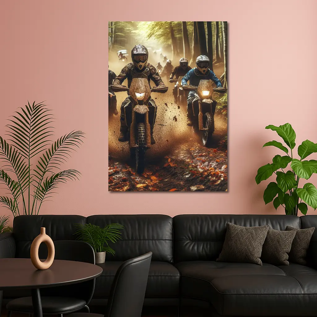 Motocross Riders Racing Through Muddy Forest Trail – Wall Art