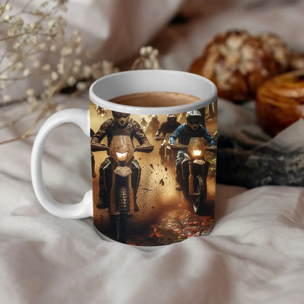 Motocross Riders Racing Through Muddy Forest Trail – Mugs