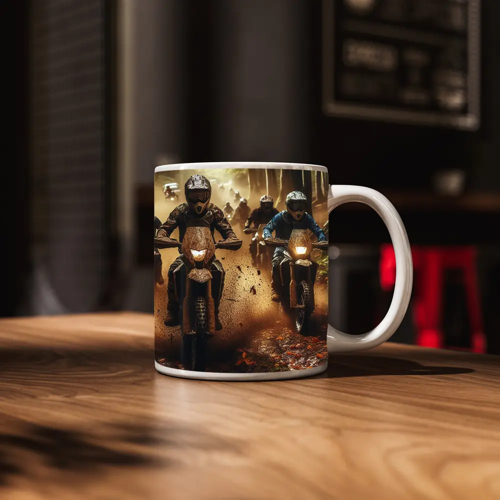 Motocross Riders Racing Through Muddy Forest Trail – Mugs