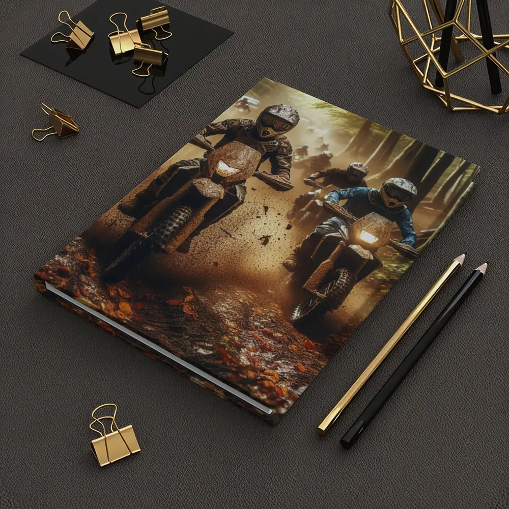 Motocross Riders Racing Through Muddy Forest Trail – Notebooks