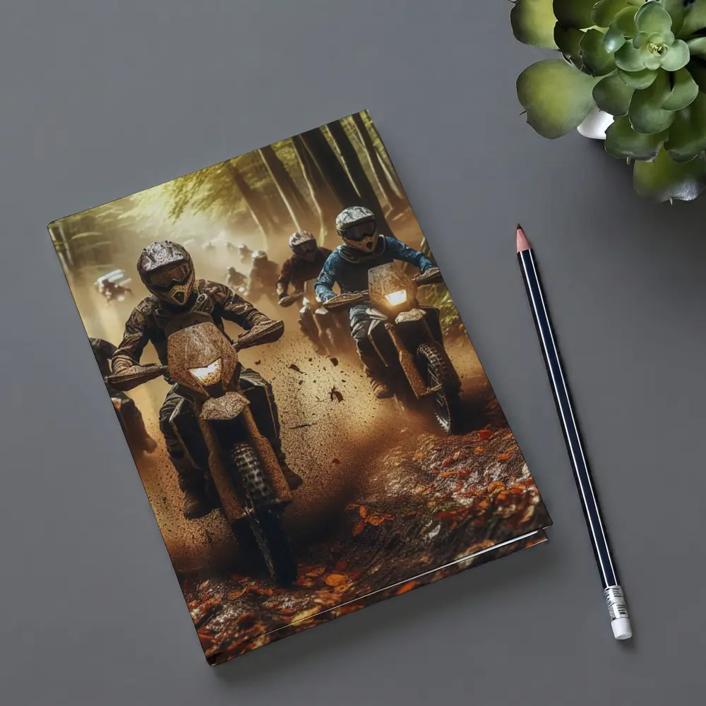 Motocross Riders Racing Through Muddy Forest Trail – Notebooks