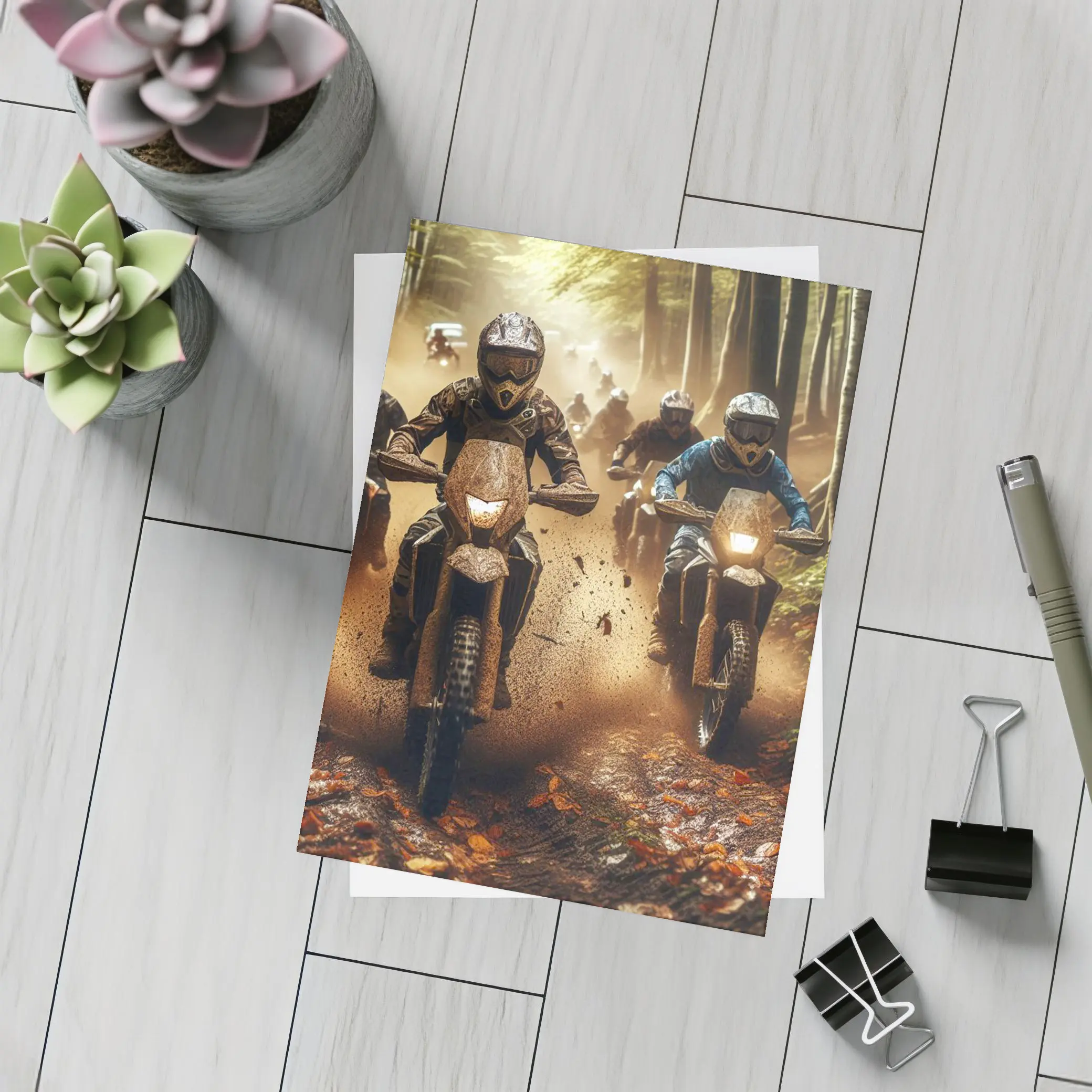 Motocross Riders Racing Through Muddy Forest Trail – Postcards