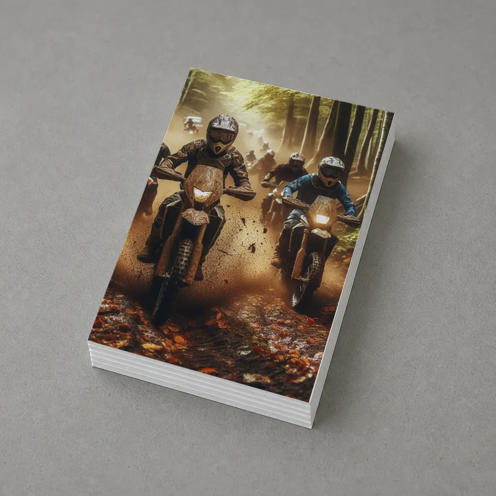Motocross Riders Racing Through Muddy Forest Trail – Postcards
