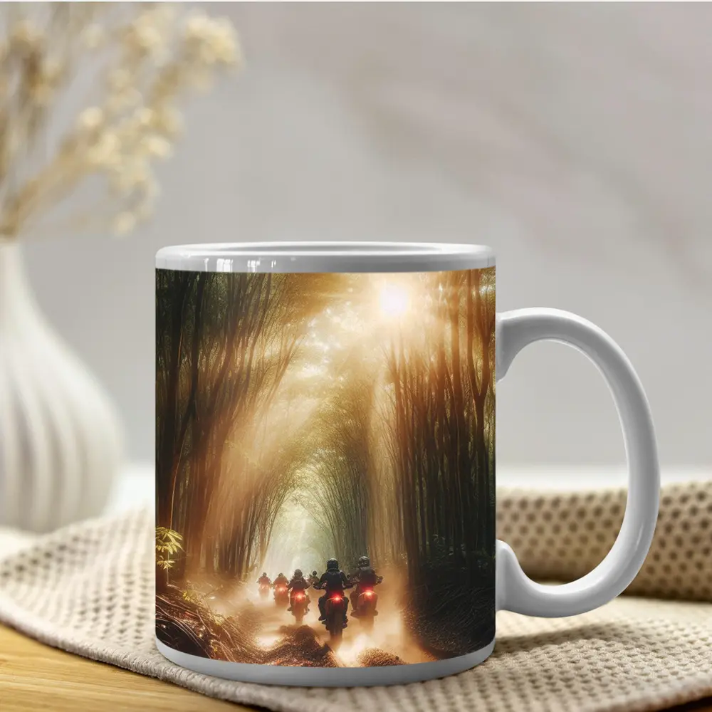 Motorcycles Riding Through Sunlit Bamboo Forest – Mugs
