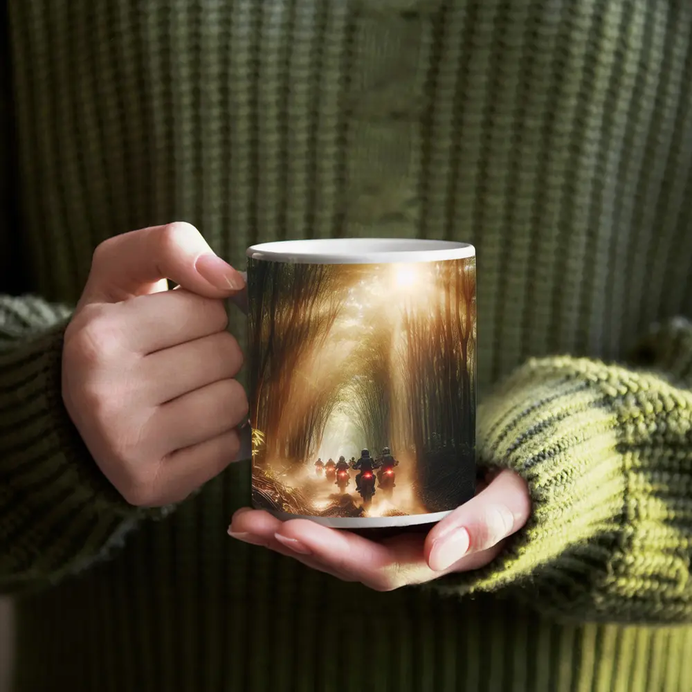 Motorcycles Riding Through Sunlit Bamboo Forest – Mugs
