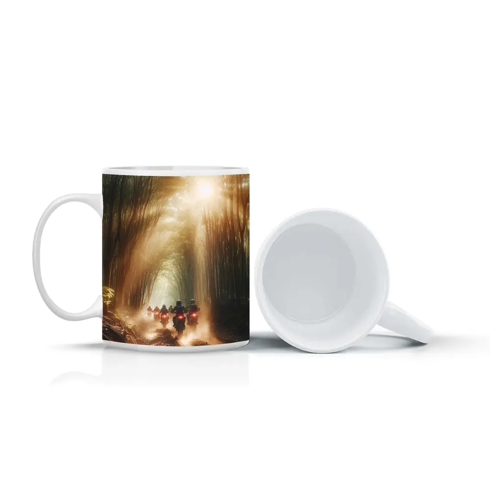 Motorcycles Riding Through Sunlit Bamboo Forest – Mugs