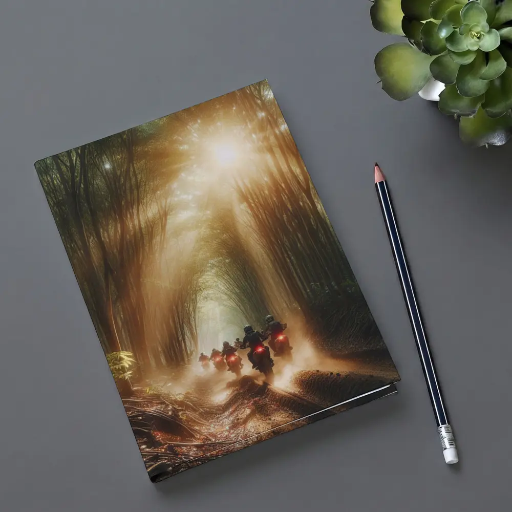 Motorcycles Riding Through Sunlit Bamboo Forest – Notebooks
