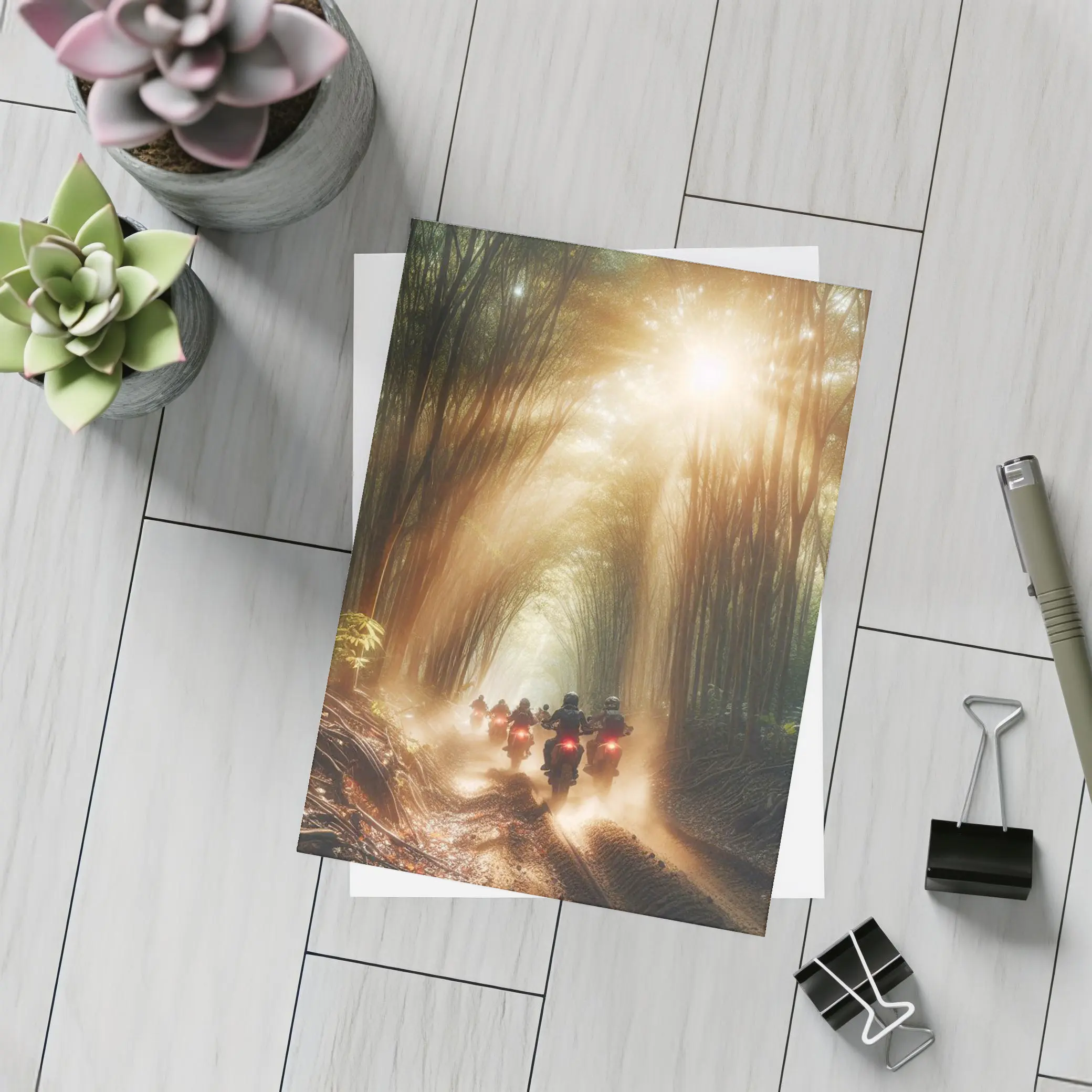Motorcycles Riding Through Sunlit Bamboo Forest – Postcards