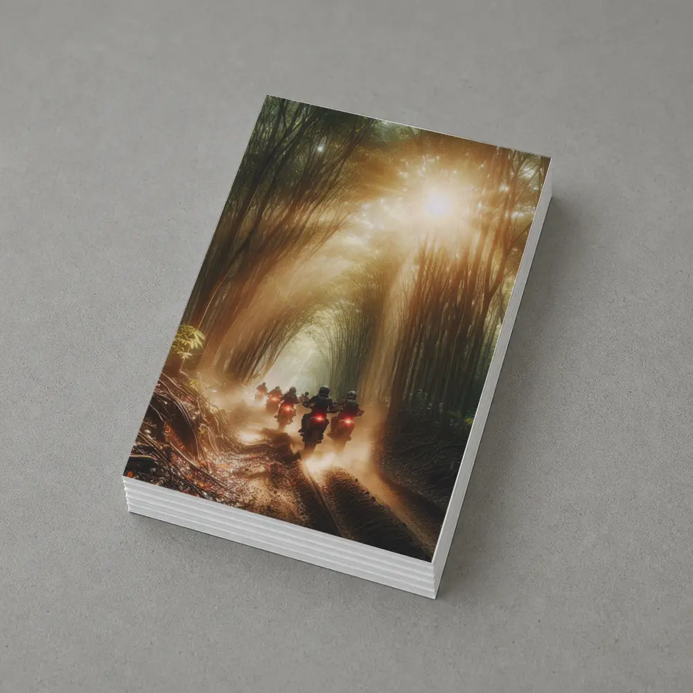 Motorcycles Riding Through Sunlit Bamboo Forest – Postcards