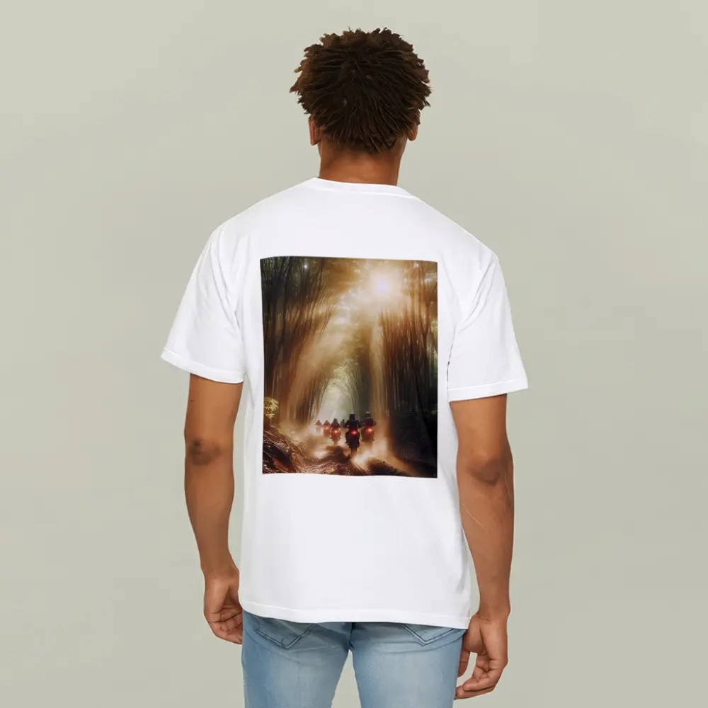 Motorcycles Riding Through Sunlit Bamboo Forest – T-Shirts