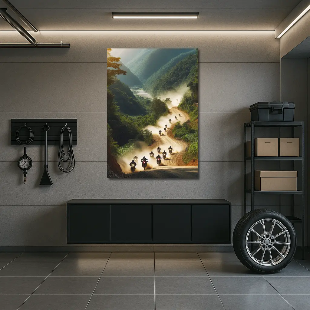 Motorcycles Riding Dusty Mountain Road Group – Wall Art