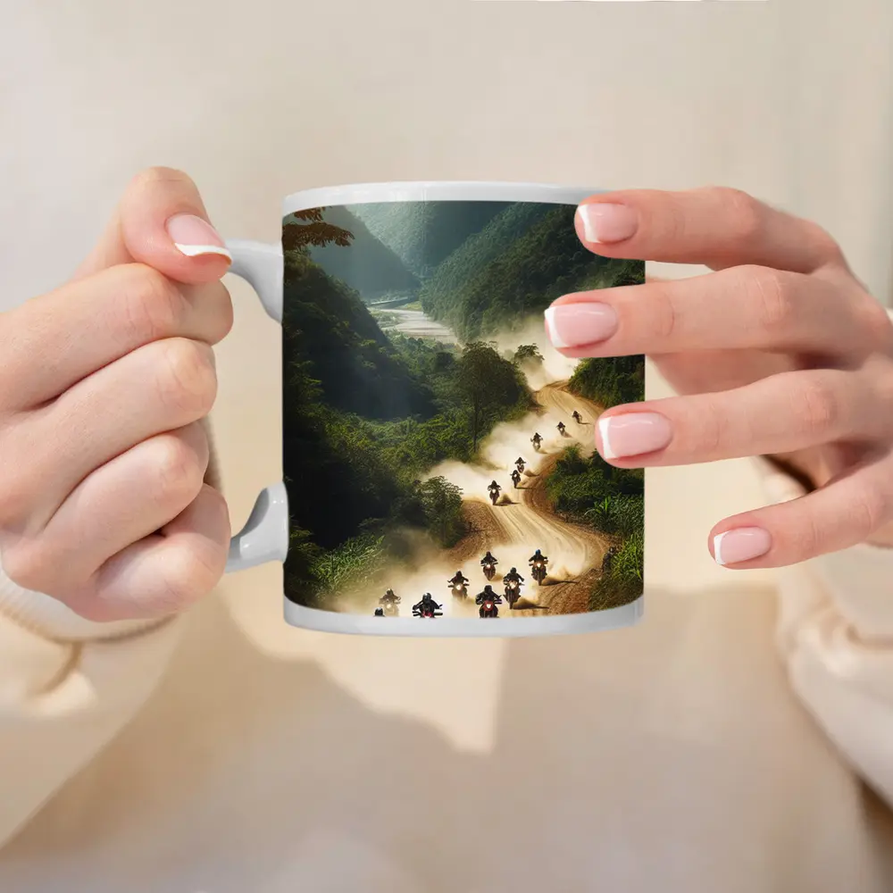 Motorcycles Riding Dusty Mountain Road Group – Mugs
