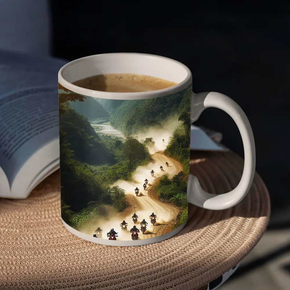Motorcycles Riding Dusty Mountain Road Group – Mugs