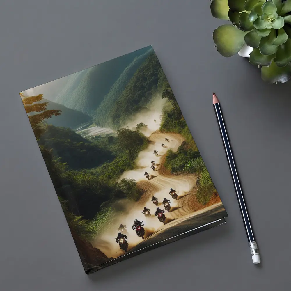 Motorcycles Riding Dusty Mountain Road Group – Notebooks
