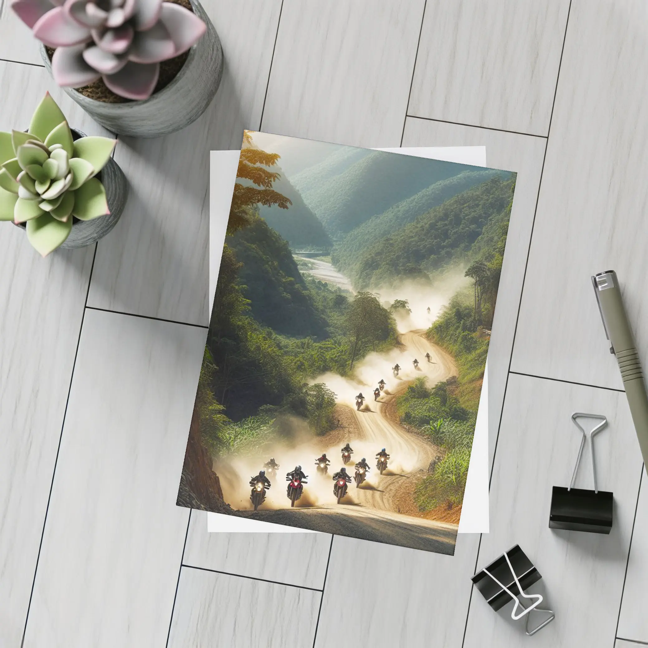 Motorcycles Riding Dusty Mountain Road Group – Postcards