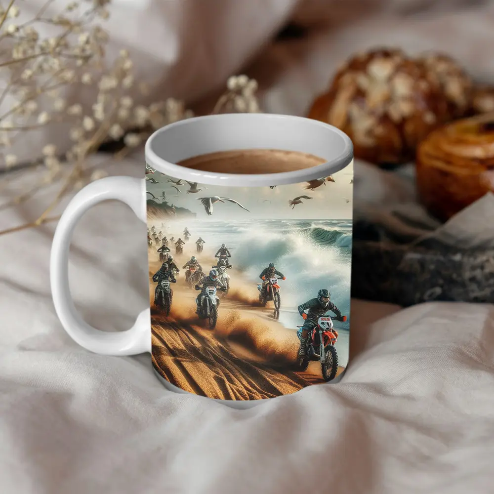 Motocross Riders Racing Along Sandy Beach – Mugs