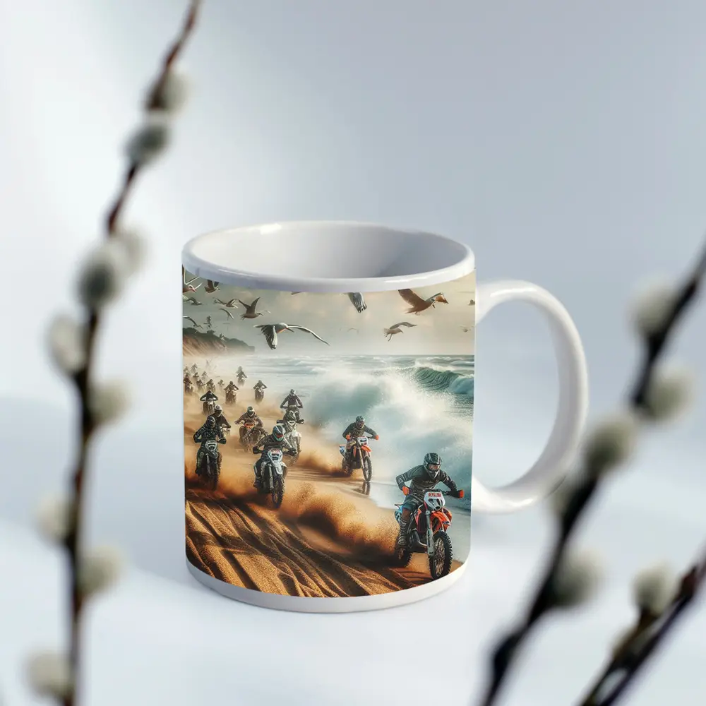 Motocross Riders Racing Along Sandy Beach – Mugs