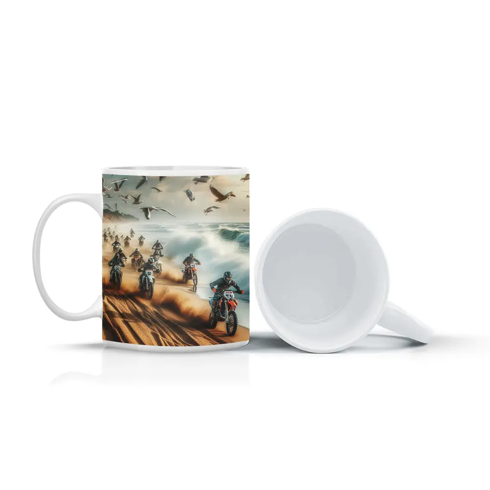 Motocross Riders Racing Along Sandy Beach – Mugs