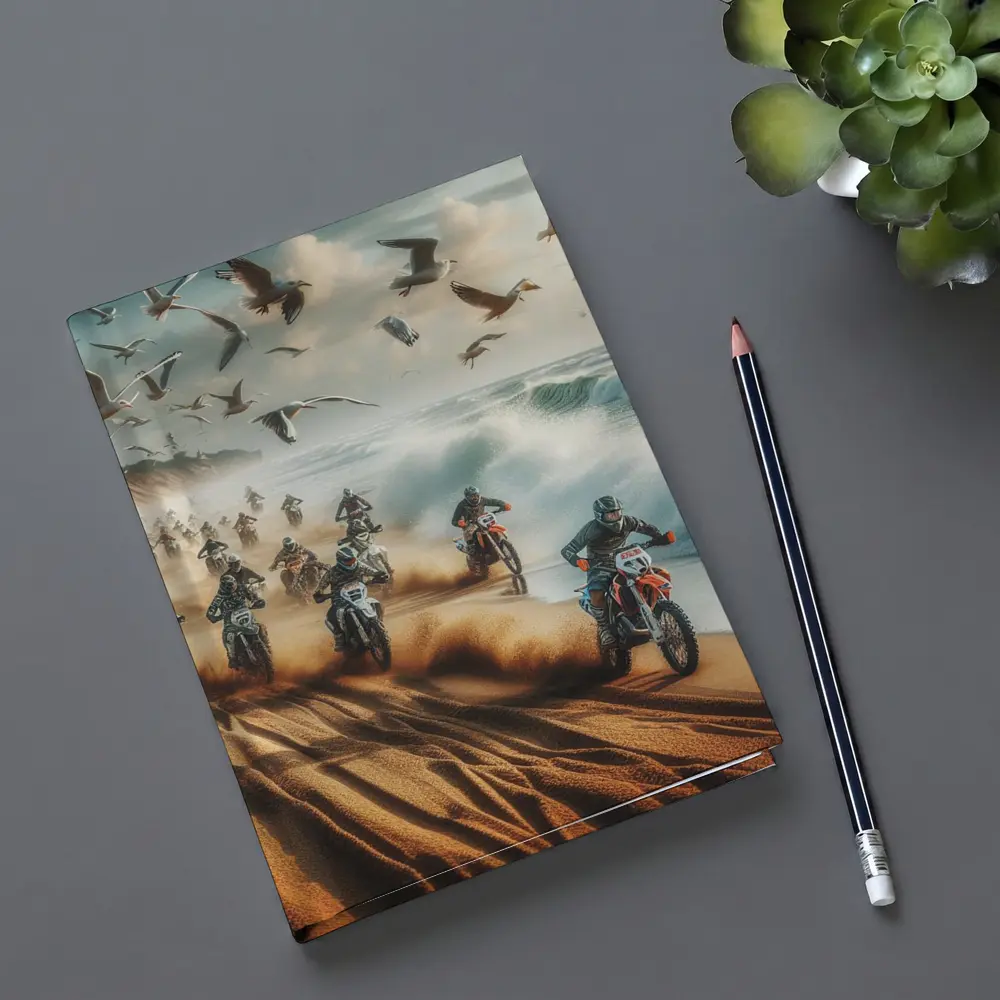 Motocross Riders Racing Along Sandy Beach – Notebooks