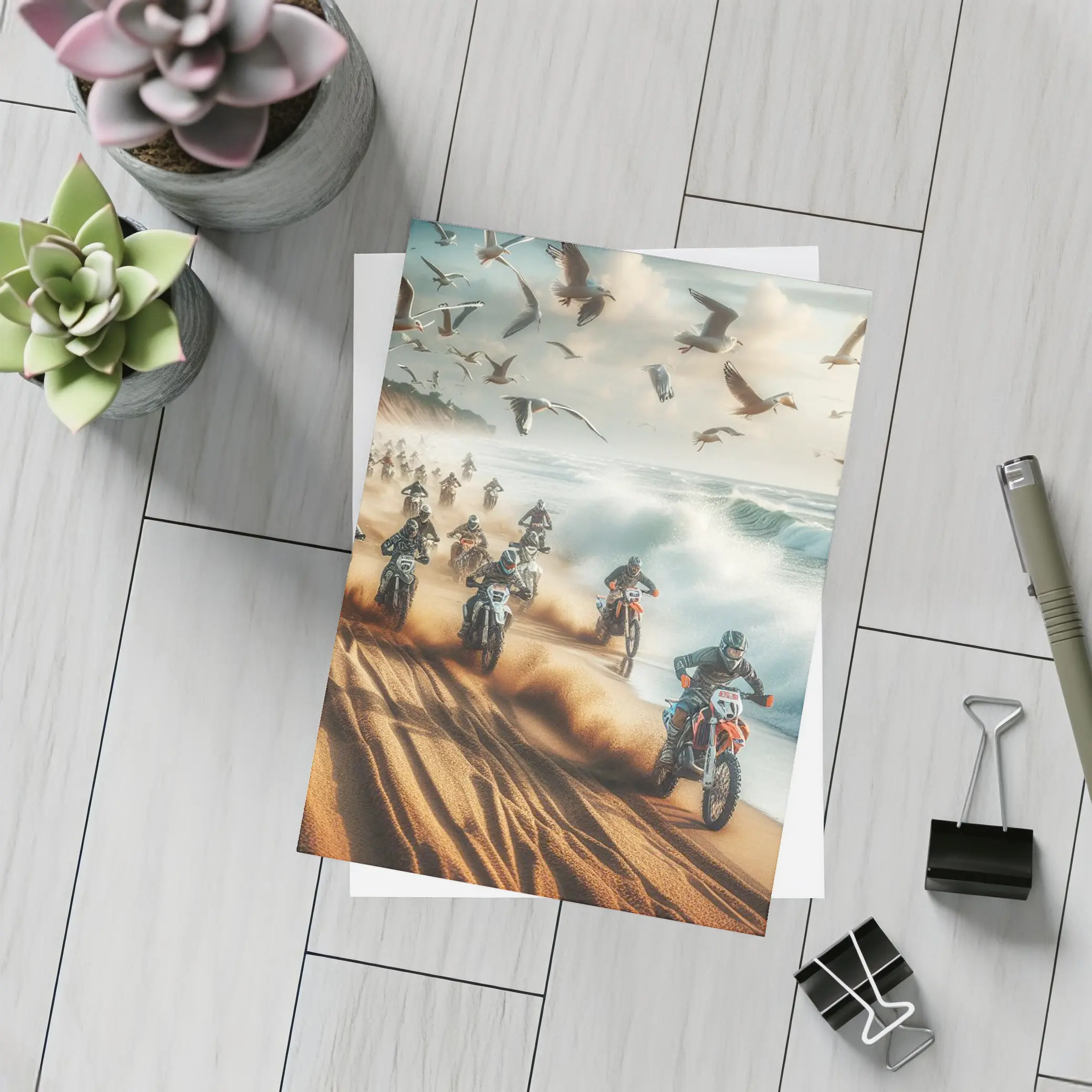 Motocross Riders Racing Along Sandy Beach – Postcards