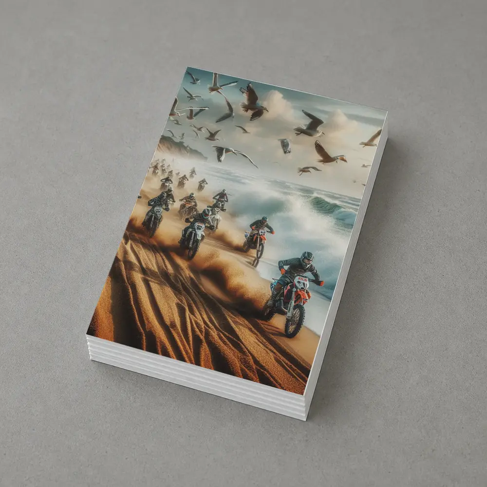 Motocross Riders Racing Along Sandy Beach – Postcards