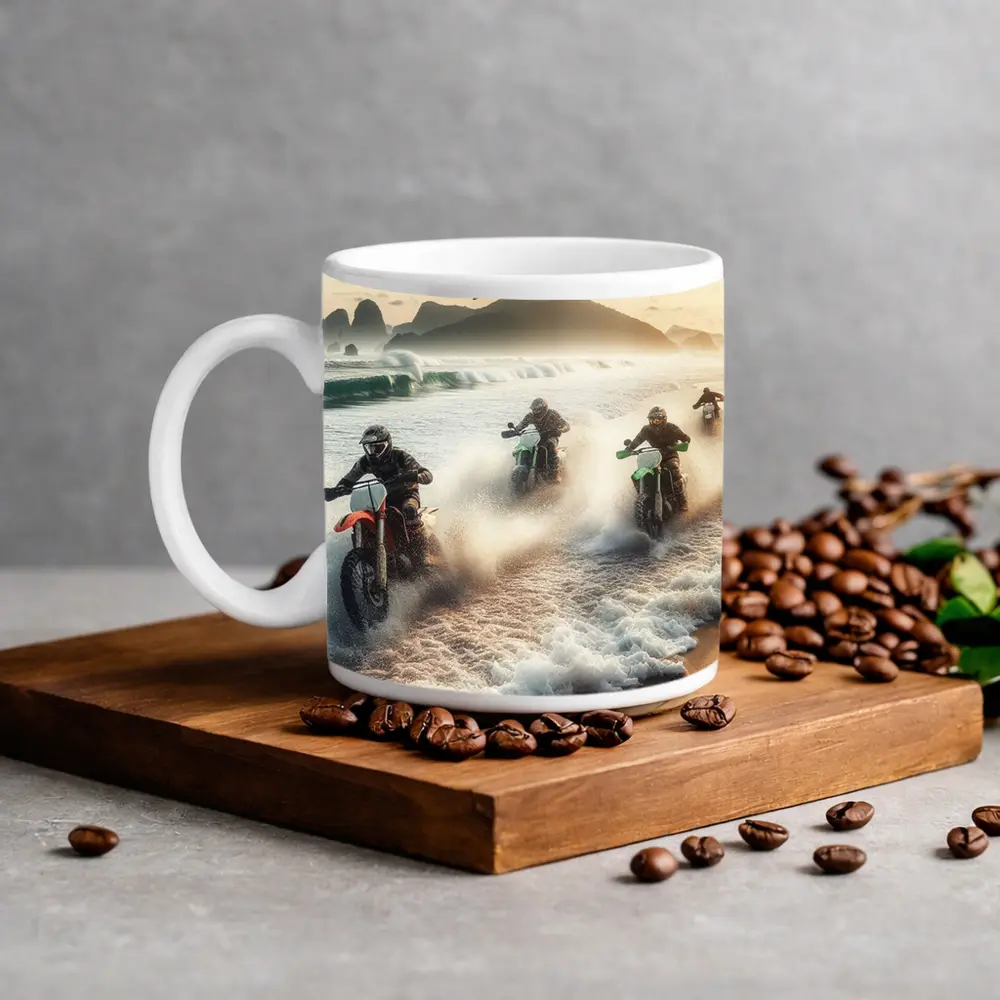 Dirt Bikes Racing Through Ocean Beach Waves – Mugs