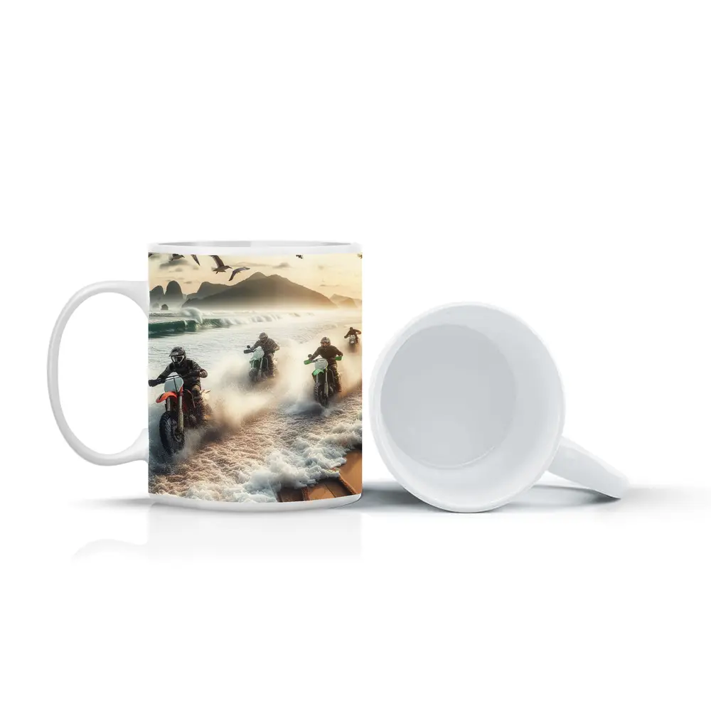 Dirt Bikes Racing Through Ocean Beach Waves – Mugs