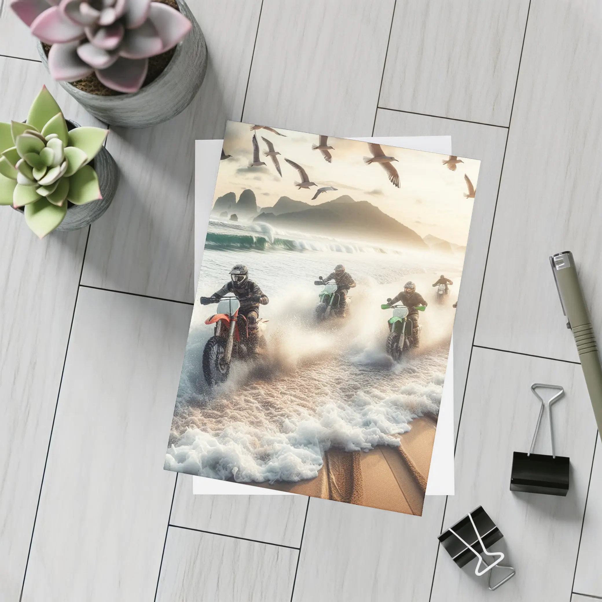 Dirt Bikes Racing Through Ocean Beach Waves – Postcards