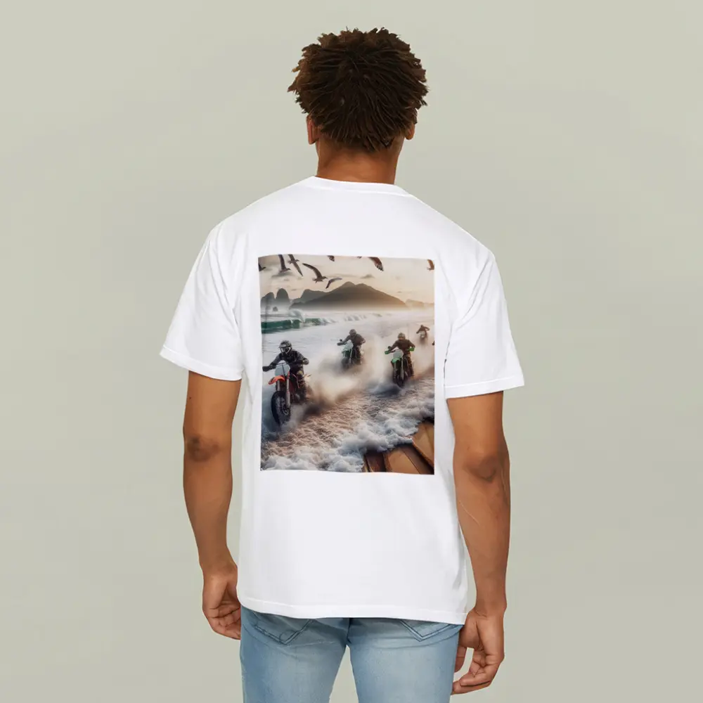 Dirt Bikes Racing Through Ocean Beach Waves – T-Shirts