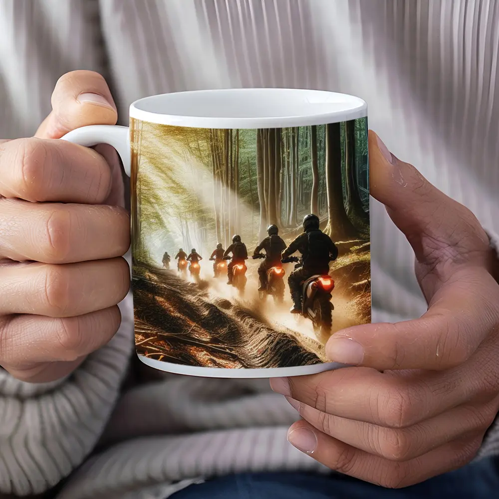 Dirt Bike Riders Racing Through Forest Trail – Mugs