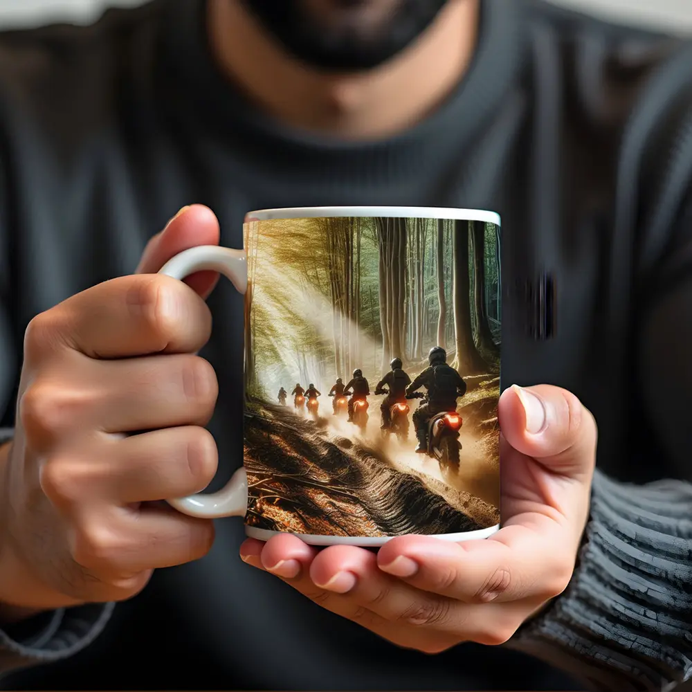 Dirt Bike Riders Racing Through Forest Trail – Mugs