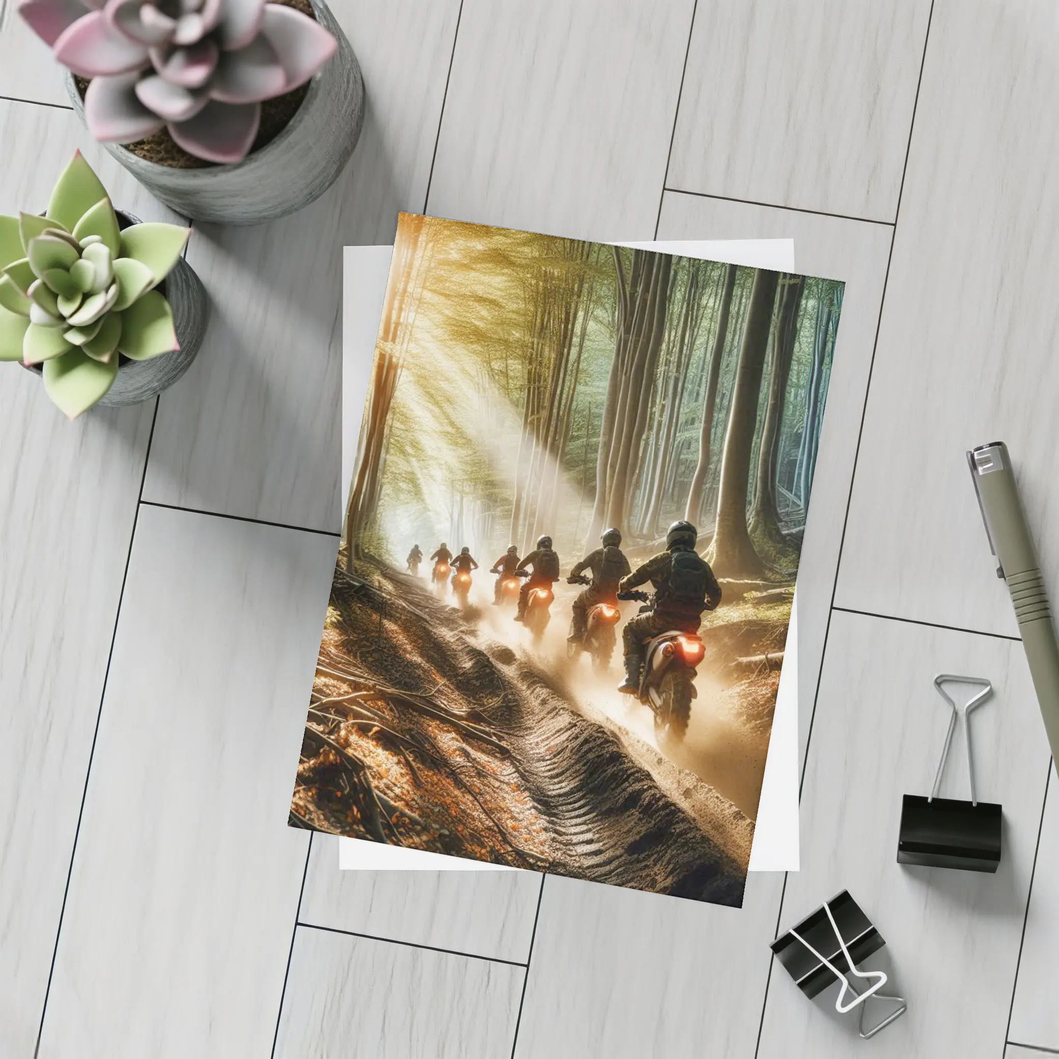 Dirt Bike Riders Racing Through Forest Trail – Postcards