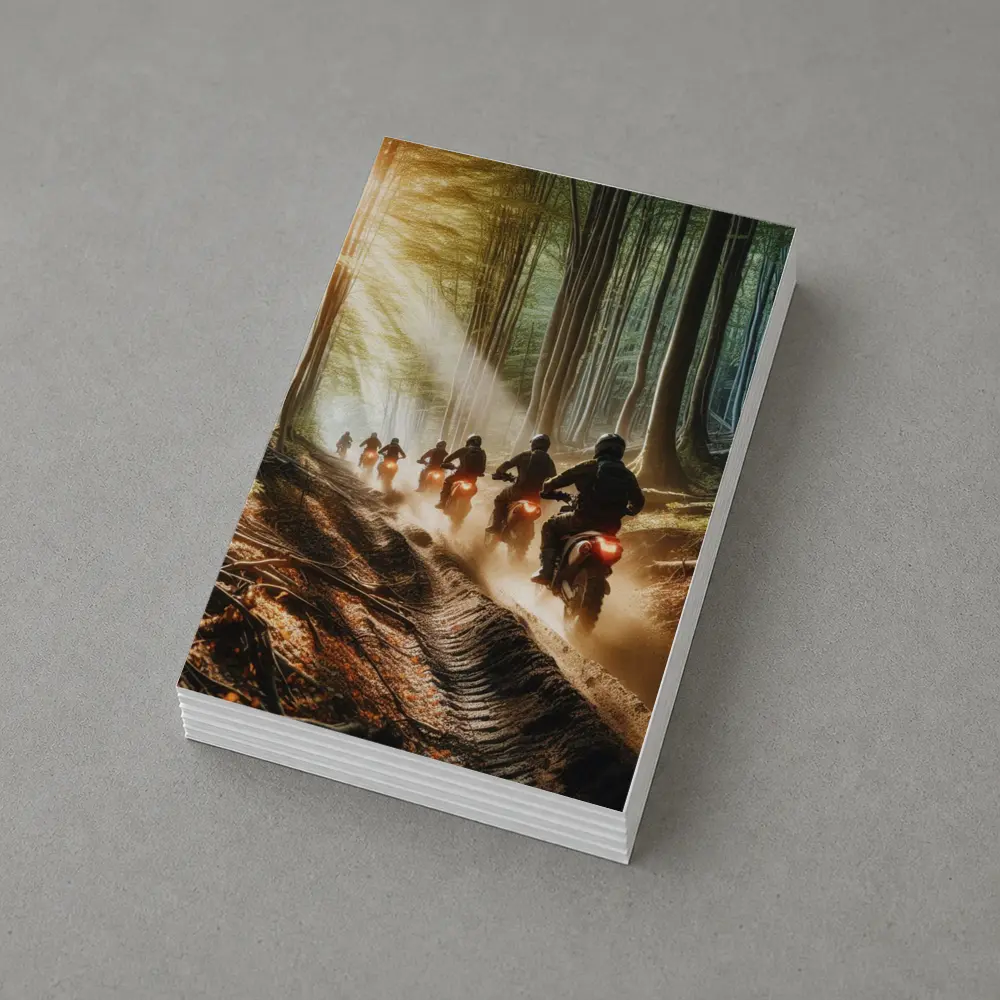 Dirt Bike Riders Racing Through Forest Trail – Postcards