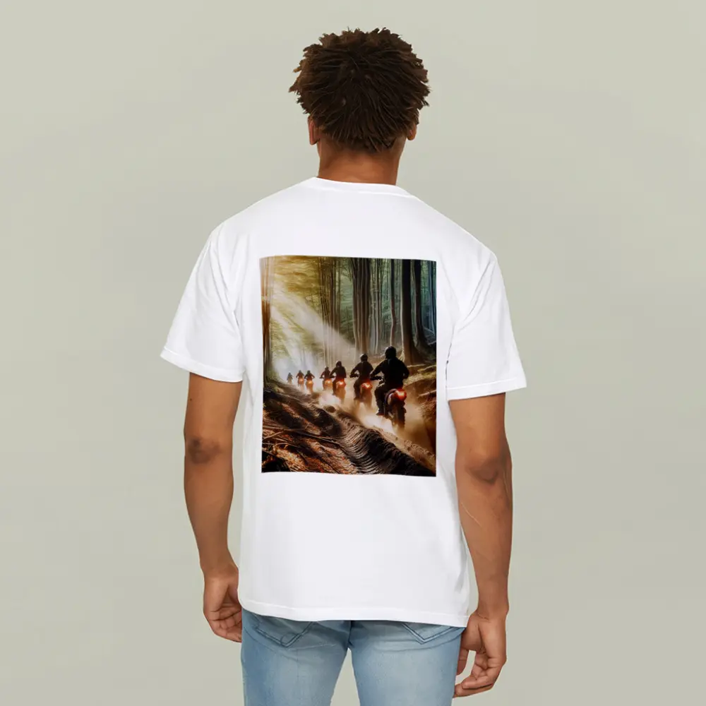 Dirt Bike Riders Racing Through Forest Trail – T-Shirts