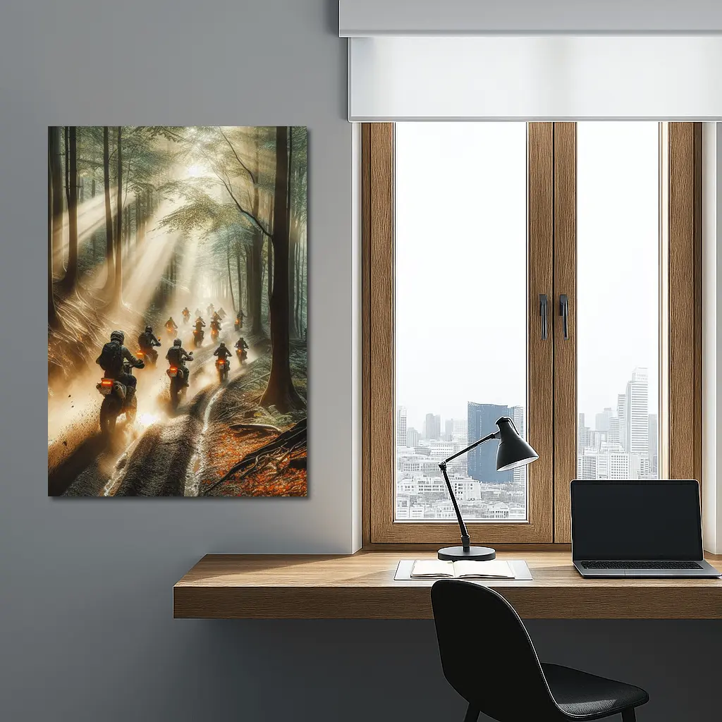 Dirt Bikes Racing Through Misty Forest Trail – Wall Art
