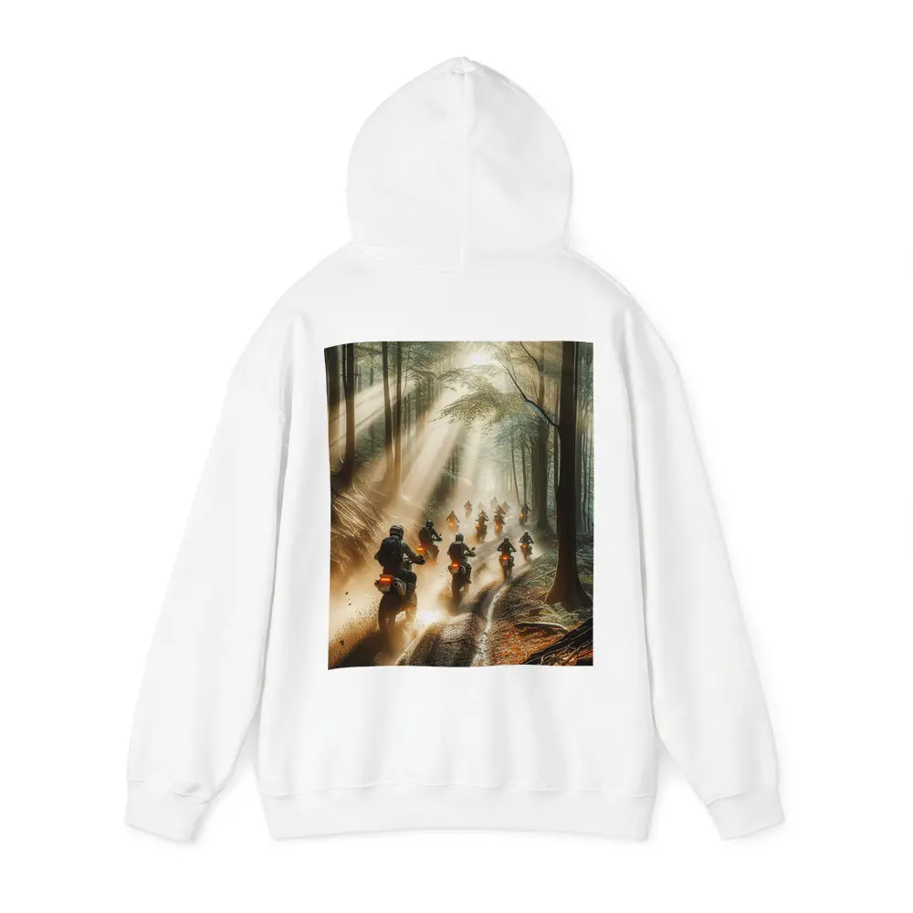 Dirt Bikes Racing Through Misty Forest Trail – Hoodies