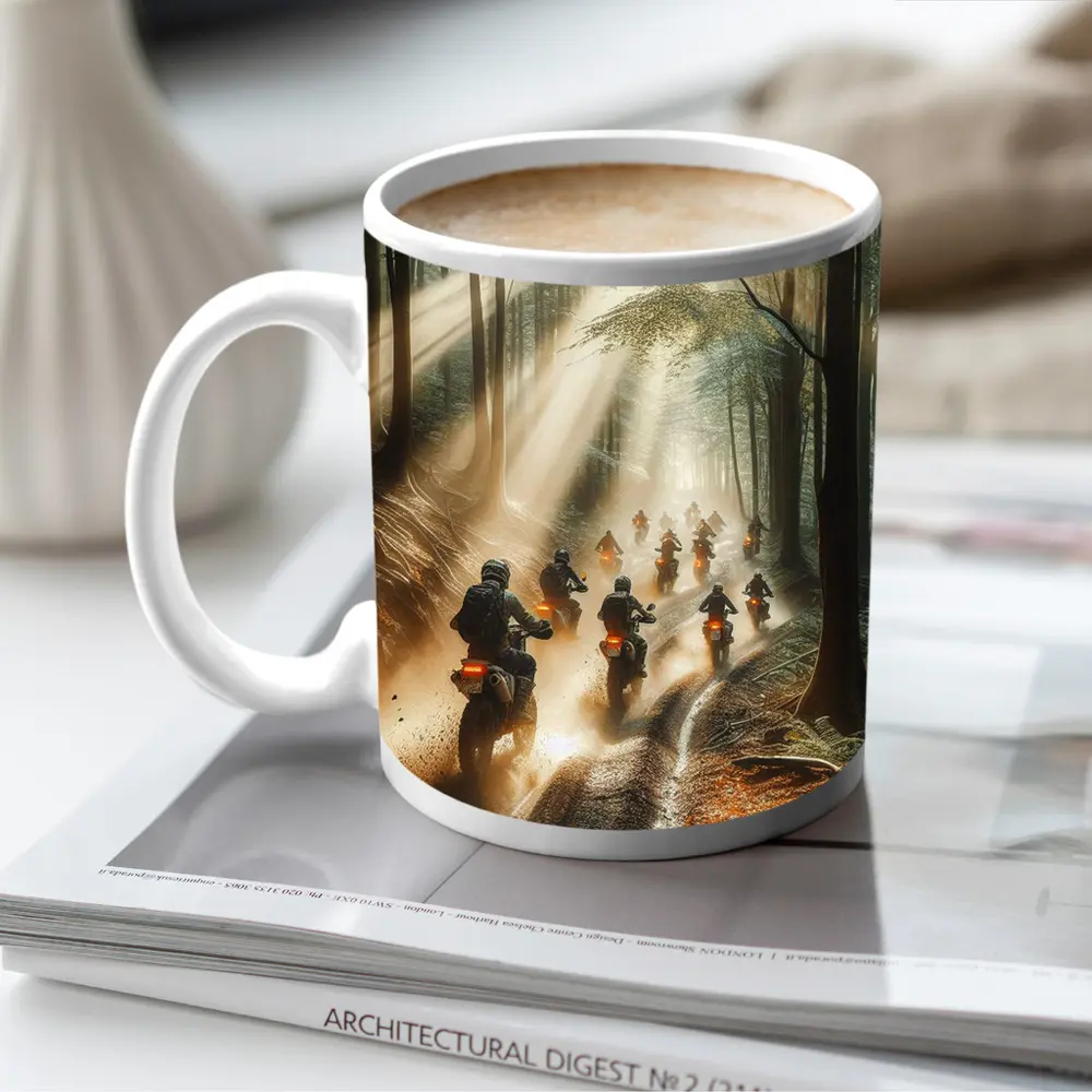 Dirt Bikes Racing Through Misty Forest Trail – Mugs