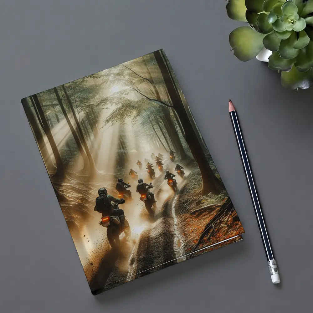 Dirt Bikes Racing Through Misty Forest Trail – Notebooks