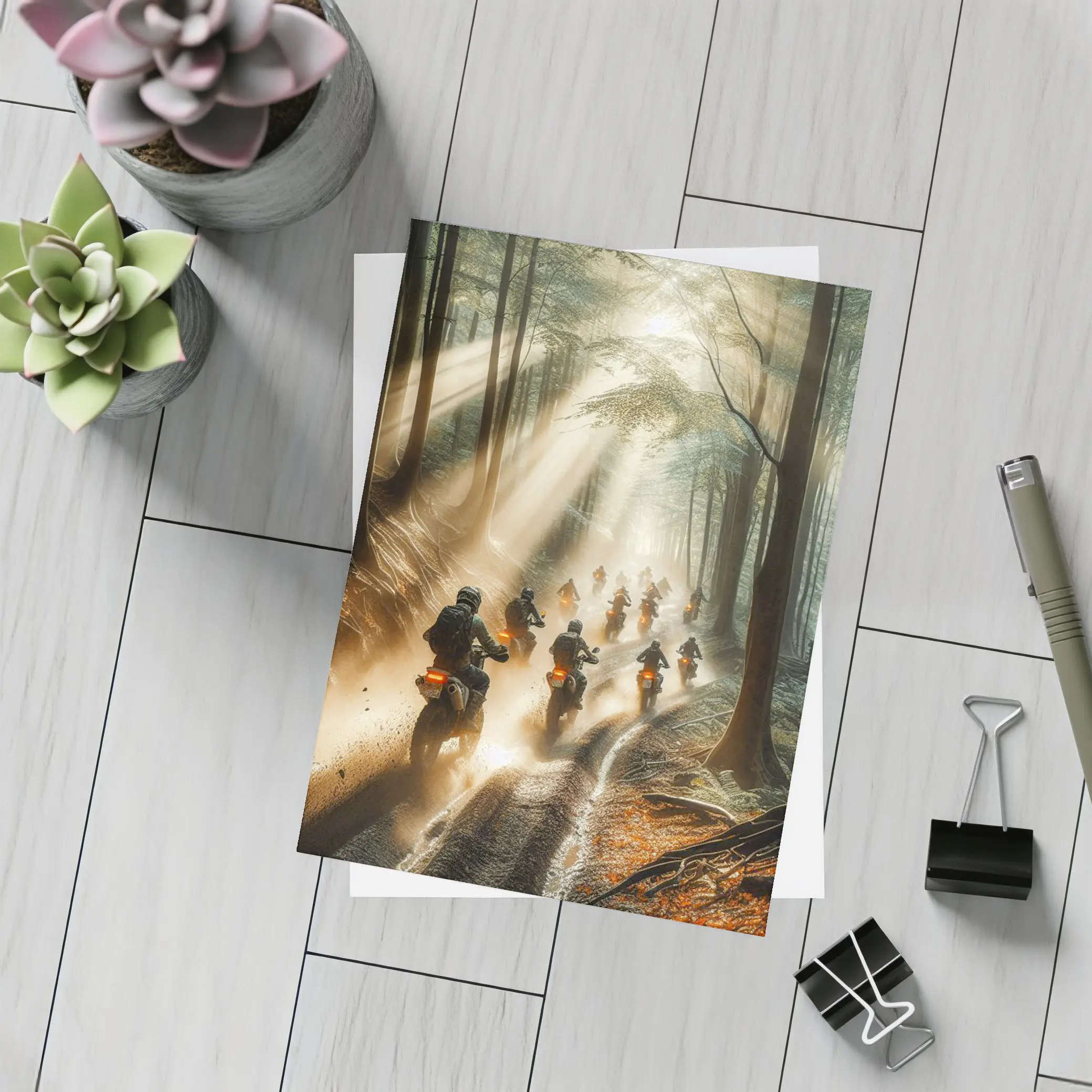 Dirt Bikes Racing Through Misty Forest Trail – Postcards