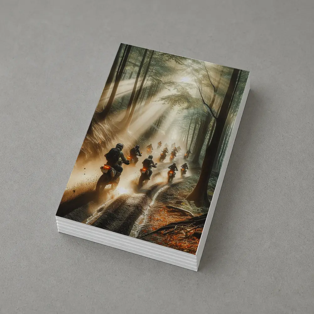 Dirt Bikes Racing Through Misty Forest Trail – Postcards