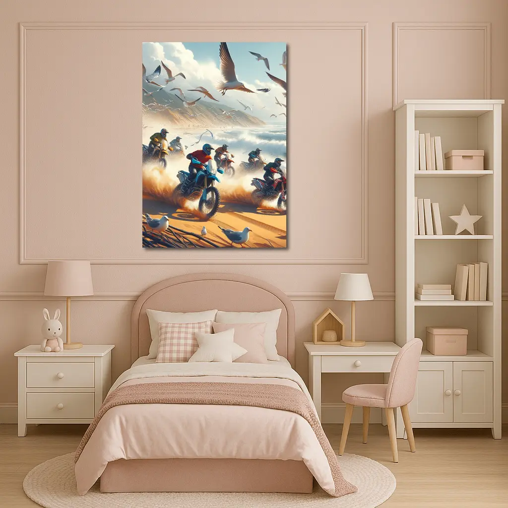 Motocross Riders Racing On Sandy Beach – Wall Art