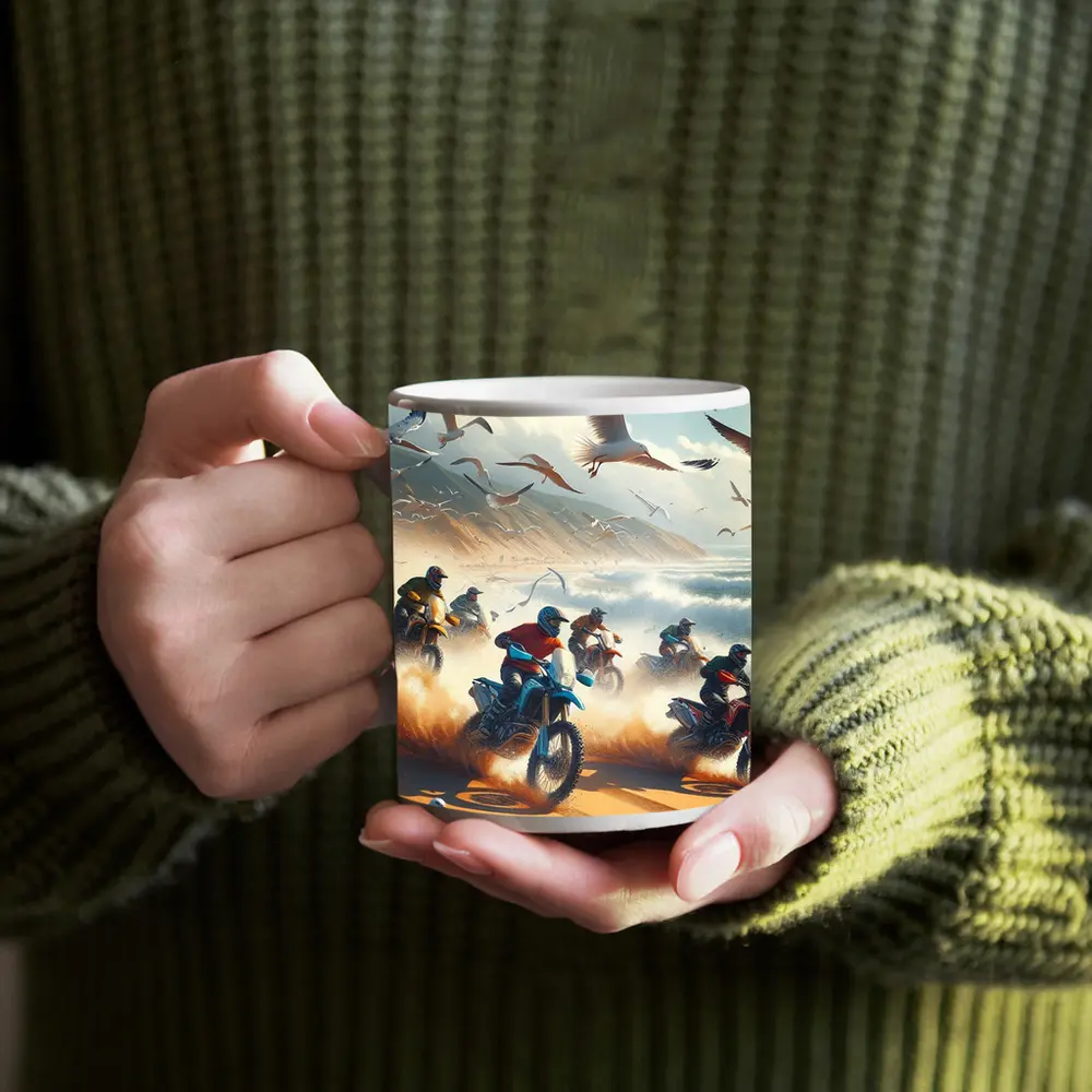Motocross Riders Racing On Sandy Beach – Mugs