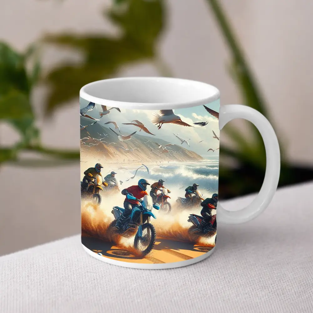 Motocross Riders Racing On Sandy Beach – Mugs