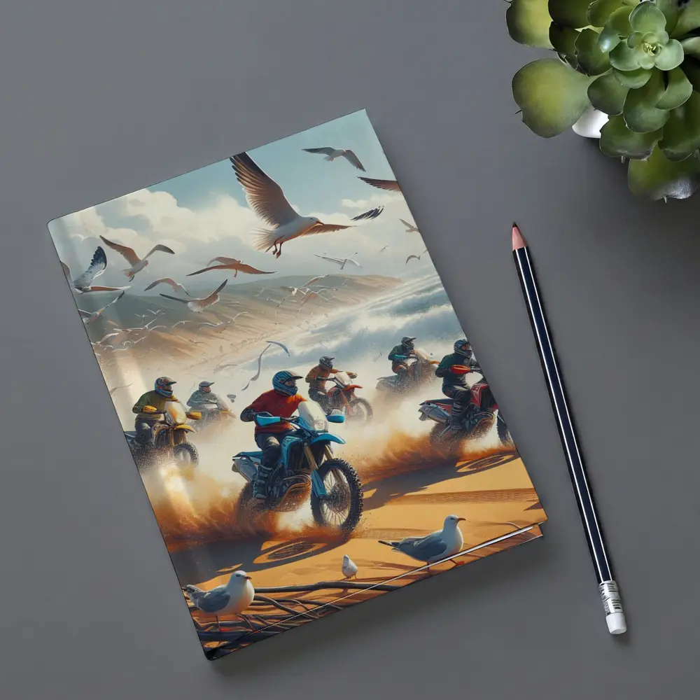 Motocross Riders Racing On Sandy Beach – Notebooks
