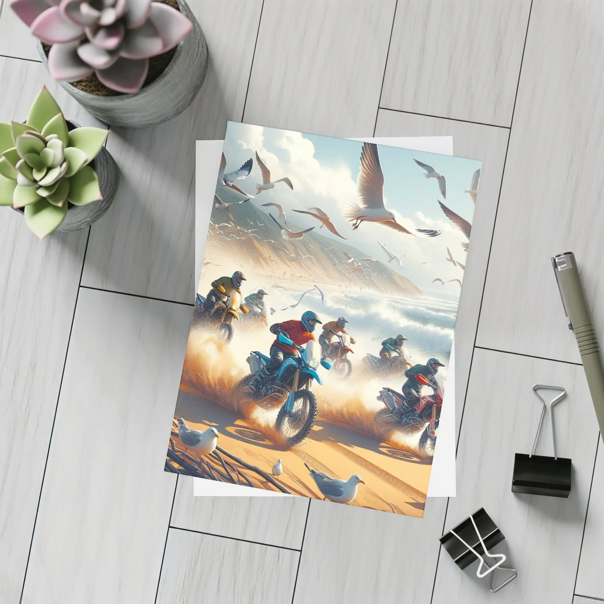 Motocross Riders Racing On Sandy Beach – Postcards