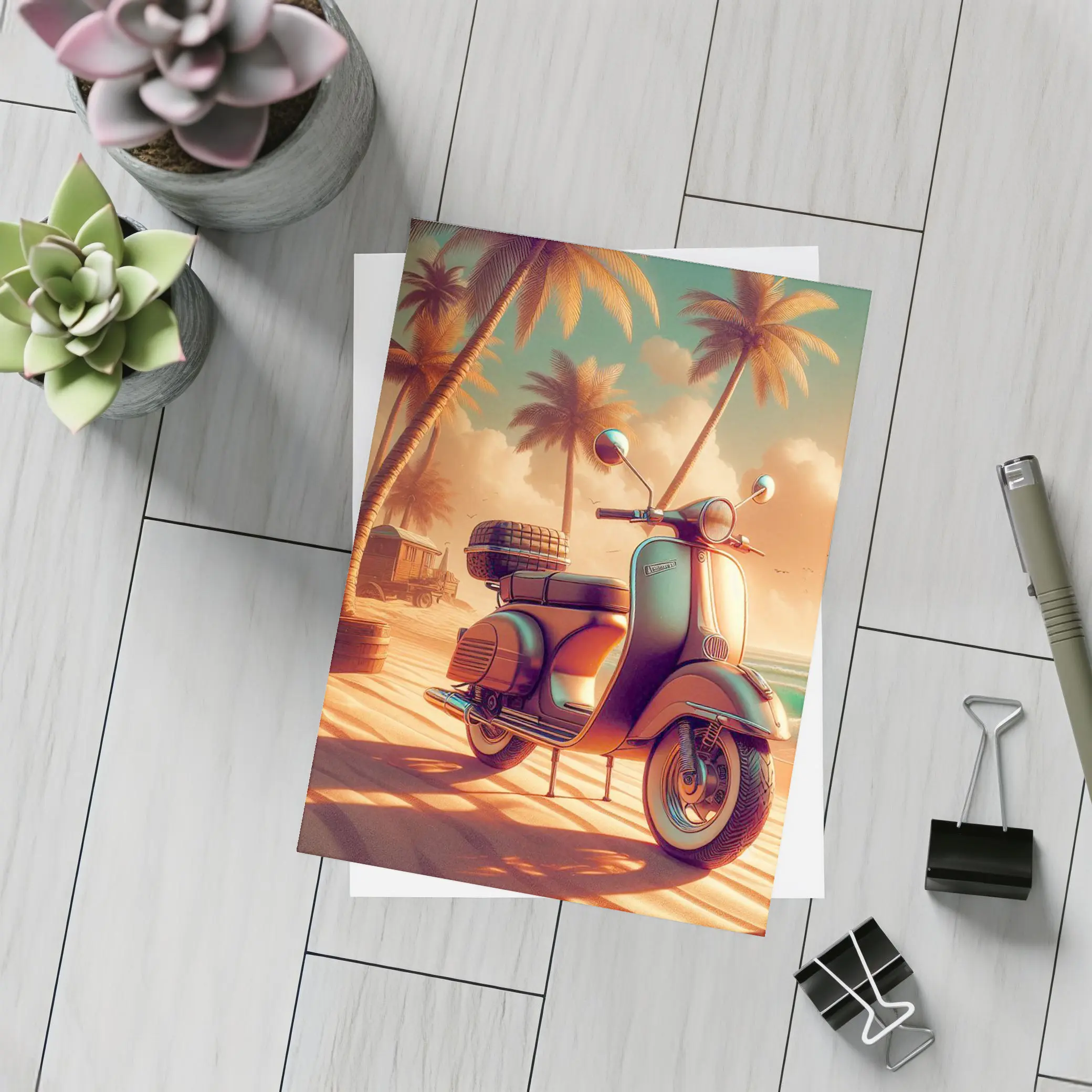 Vintage Scooter Tropical Beach Palm Trees – Postcards