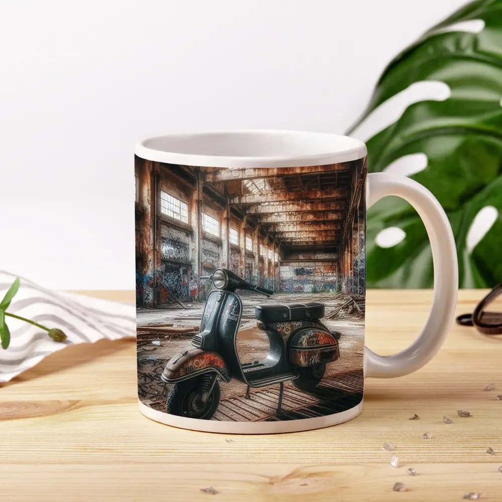Vintage Vespa Scooter Abandoned Industrial Warehouse – Mugs