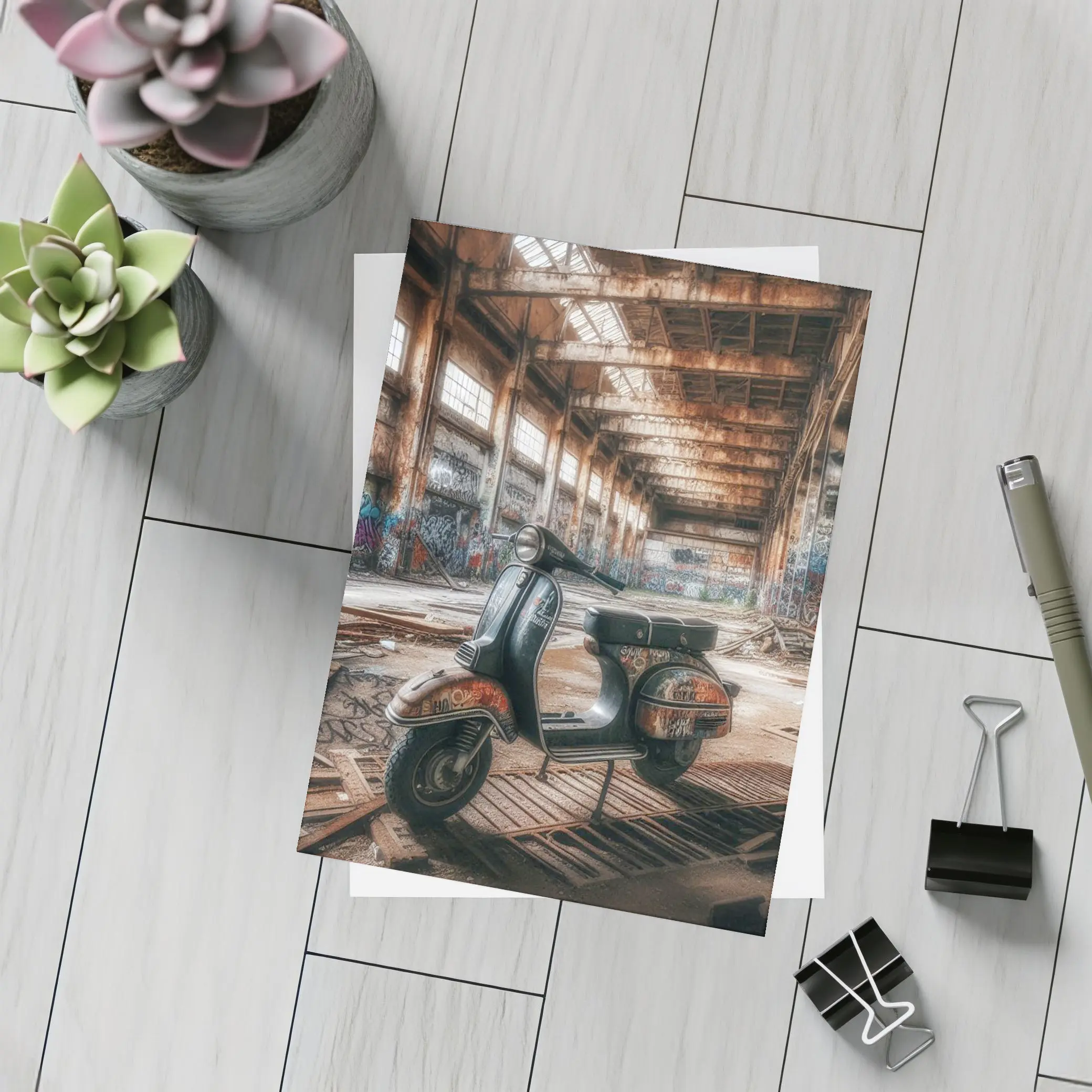 Vintage Vespa Scooter Abandoned Industrial Warehouse – Postcards